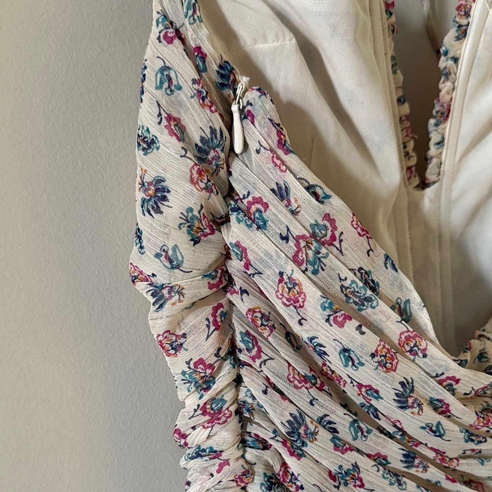 15. | Zara | Ruched Floral Dress in Cream with Pink & Blue Blossoms - Picture 3 of 5